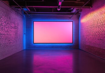 A large neon frame on the wall of an empty room with brick walls, a neon light background
