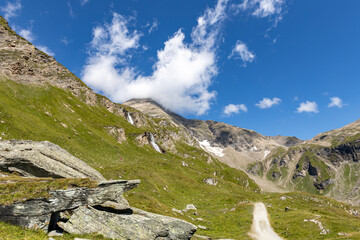 The Grossglockner mountain range in Austria with waterfalls on its slopes