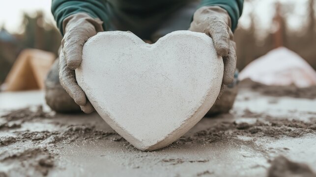 Hands shaping heart in wet cement: symbol of love and craftsmanship