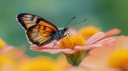 Fototapeta premium Butterfly feeding on pink flower.