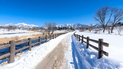Snowy path, winter mountains, clear sky, Japan