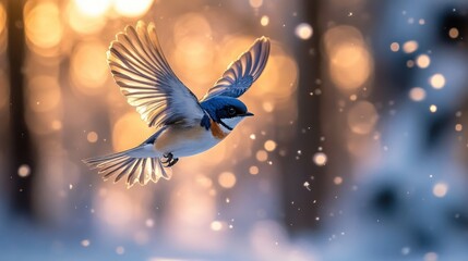 Obraz premium Bird in flight, snowy forest, sunset. Winter nature scene