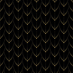 Abstract seamless pattern with geometrical fish scale layout. Metallic gold rows on a black background for Wallpaper, textile, wrapping paper, page fill © Kate