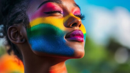 Person with Rainbow Face Paint in Vibrant Outdoor Setting