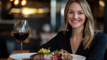A high-end steak dinner with a glass of red wine and elegant plating. 