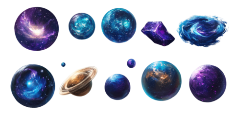 3d Galaxy planet set isolated on a white transparent background