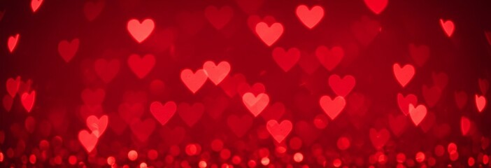 Heart shaped blurred bokeh lights. Abstract romantic background for Valentines Day. Bright red backdrop for wedding. Holiday of love. Festive banner for Women's Day, Mother's Day, birthday event