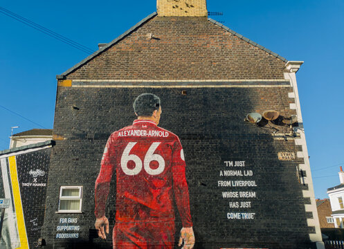 The mural of Trent Alexander-Arnold on a house near Anfield in Liverpool, UK