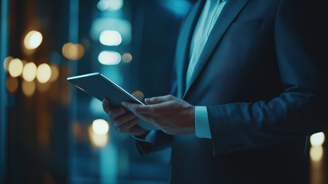 
Close-up businessman using a digital tablet while standing 
in an office late at night with city lights glowing in the background, generative ai