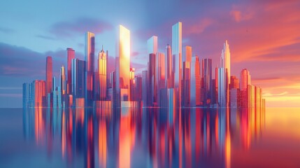 Futuristic Cityscape at Sunset Reflecting in Water