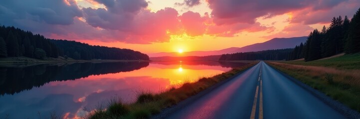 Obraz premium Still lake mirrors sunset; road disappears into the distance, twilight, path