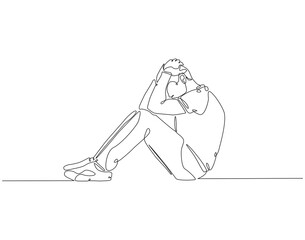 Continuous line drawing of International suicide prevention day. Single line illustration of depression men. Sad man, depressed, negative thinking concept. Editable outline