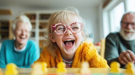 Joyful child with grandparents playing board games at home in cozy setting