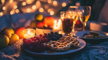 Romantic Evening Table Setting with Waffles and Fresh Fruits