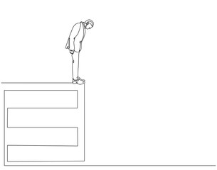 Continuous line drawing of depressed man standing edge of building. Single line illustration of International suicide prevention day. Sadness, Despair, Depression concept. Editable outline
