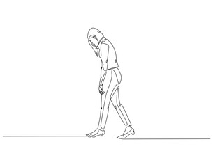 Continuous one line drawing of depressed woman walking. One line drawing illustration of national mental health day. Anxiety, frustration, depression concept line art. Editable outline