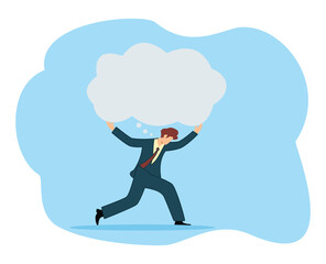 Over thinking obsessive in work. Too many problems that cannot make decision concept tried depressed. Businessman carry heavy thinking bubble burden