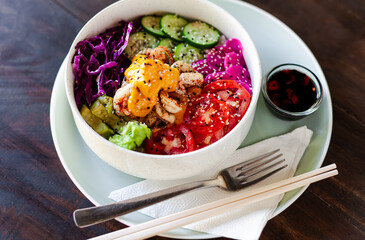 healthy fresh food poke bowl from avocado prawns vegetables greens rice