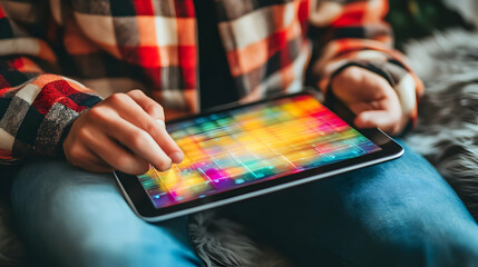 Person using colorful tablet app indoors