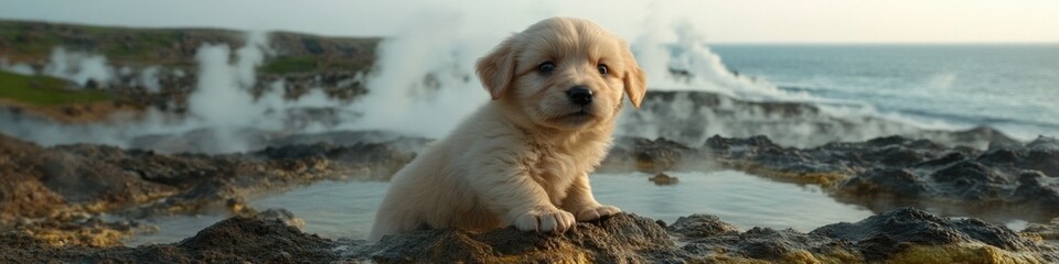 Obraz premium Cute Golden Retriever Puppy Adventuring by Scenic Coastal Landscape with Waves and Rocky Shoreline Capturing Heartwarming Outdoor Experience