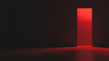 Mysterious red light emanating from an open door in a dark room