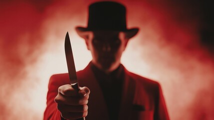 Mystery man in red suit and top hat holding knife in dramatic red lighting