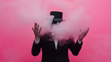 Mystical magician with top hat and smoke on bold pink background explores surreal illusion concepts