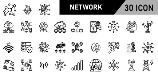 Minimalist Network Icon Pack | 30 Outline Vector Icons, Editable stroke. 