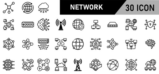 Minimalist Network Icon Pack | 30 Outline Vector Icons, Editable stroke. 
