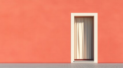 minimal architecture detail of a doorway with a white curtain on a coral colored wall