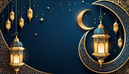 Obraz premium Intricate golden crescent moon and lanterns glowing against a blue background, representing Ramadan and Islamic festive culture. 