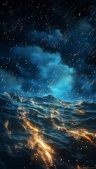 Macro shot of bioluminescent plankton illuminating the ocean surface. the vibrant blue glow of bioluminescent plankton, a sparkling effect on the water surface, with tiny bubbles and waves as backgrou