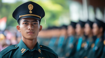 Obraz premium Focused Military Cadet in Uniform. Graduation Ceremony Portrait.