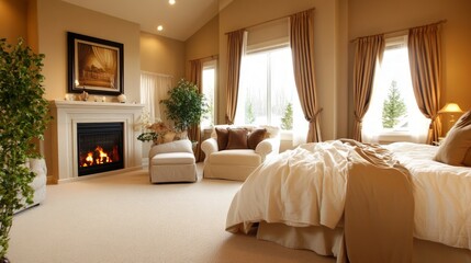 Cozy Elegant Bedroom with Contemporary Decor and Warm Fireplace