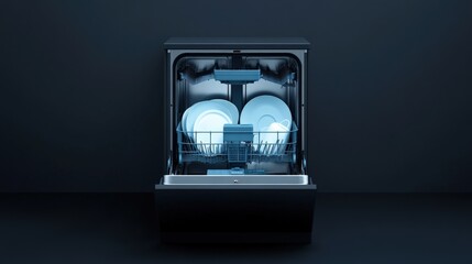 modern black dishwasher with clean dishes inside open against dark background