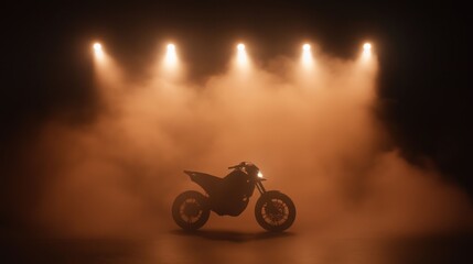 Silhouette of motorcycle under dramatic stage lights amidst thick smoke