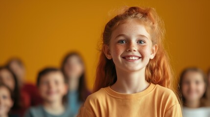 Fototapeta premium Smiling red-haired girl in classroom setting with warm yellow background