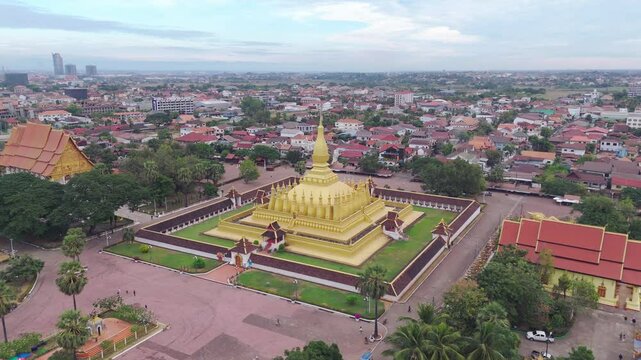 Aerial View of Pha That Luang, the Golden Stupa of Vientiane, Laos &ndash; A Sacred Buddhist Landmark