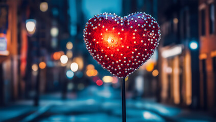 Naklejka premium Heart-Shaped Light Ornament Against Urban Bokeh | Valentine Day