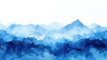 Blue misty mountain range landscape, watercolor background