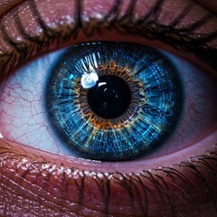 A detailed closeup of a human eye, showcasing the iris and pupil, with superimposed circular graphical elements symbolizing vision analysis or ophthalmology diagnostic technology.