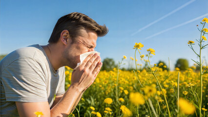 Man sneezing into tissue in blooming yellow field suffering from pollen allergies