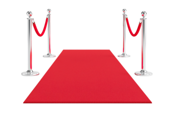 Golden barricade pillars with red carpet isolated on white or transparent background