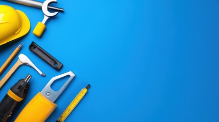 A Collection of Construction Tools on a Bright Blue Background Ready for Use in Home Improvement Projects and Professional Craftsmanship with Essential Equipment for Builders