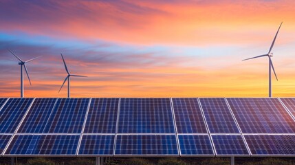 SEO global keywords. Vibrant sunset over solar panels and wind turbines in a renewable energy landscape.