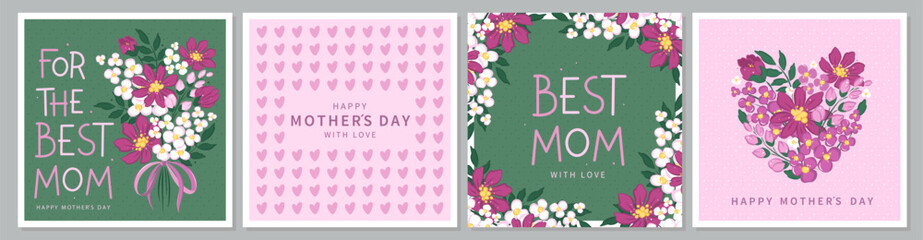Happy Mother's Day card set, Spring summer floral design. For the best mom inscription. Vector illustration for banner, poster, label, template or cover with flowers frame. 