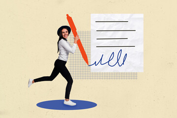 Creative art trend banner collage of happy businesswoman run pen write to-do task success project...