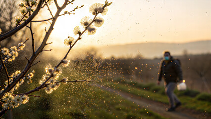 Naklejka premium A person walking through a pollen-filled park during golden sunset light