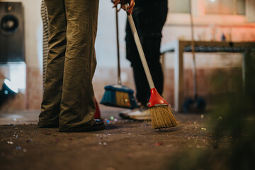 A group of individuals working together to clean up using brooms after a social gathering, with a focus on teamwork and cooperation for maintaining cleanliness in a shared space.