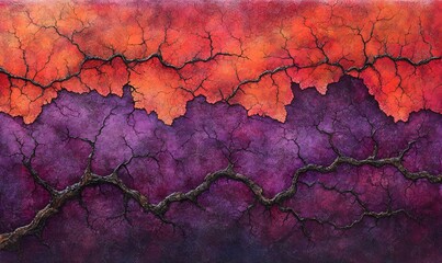 Abstract autumnal landscape, vibrant red and purple foliage, cracked earth texture, background for design